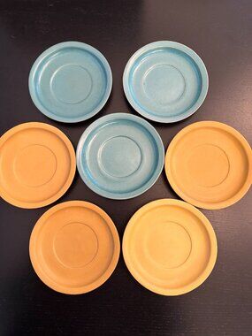 Bennington Potters Saucers Plate 7 Piece Blue Gold Stamped 1761 Vintage 7 Piece